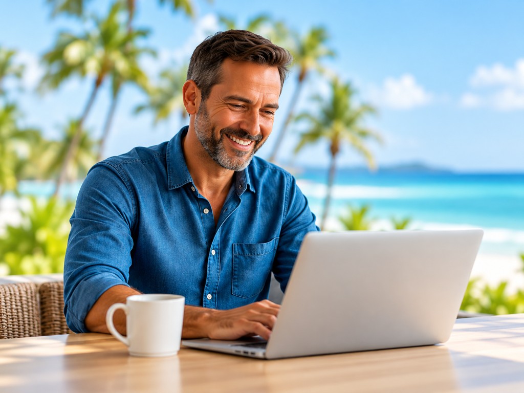 Smiling member working on a laptop by the beach